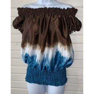 Renee C. Stitch Fix Sz SMALL Off The Shoulder Top Blouse Brown White Blue EUC